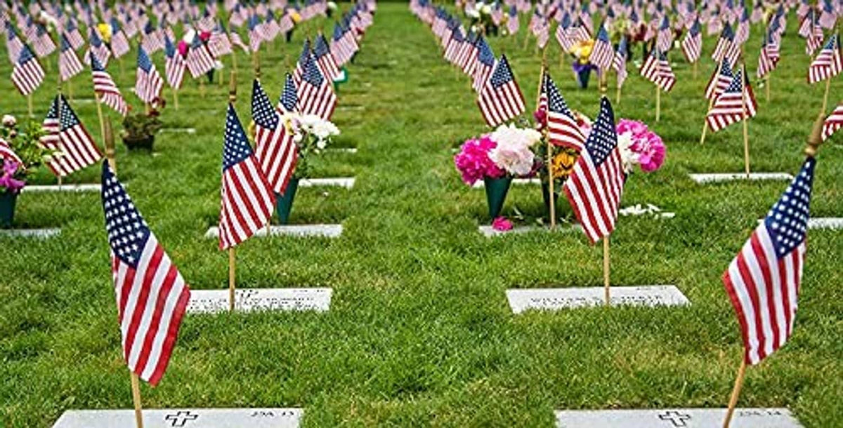Rows of small U.S. stick flags in a lawn, red stripes and blue star field on poles