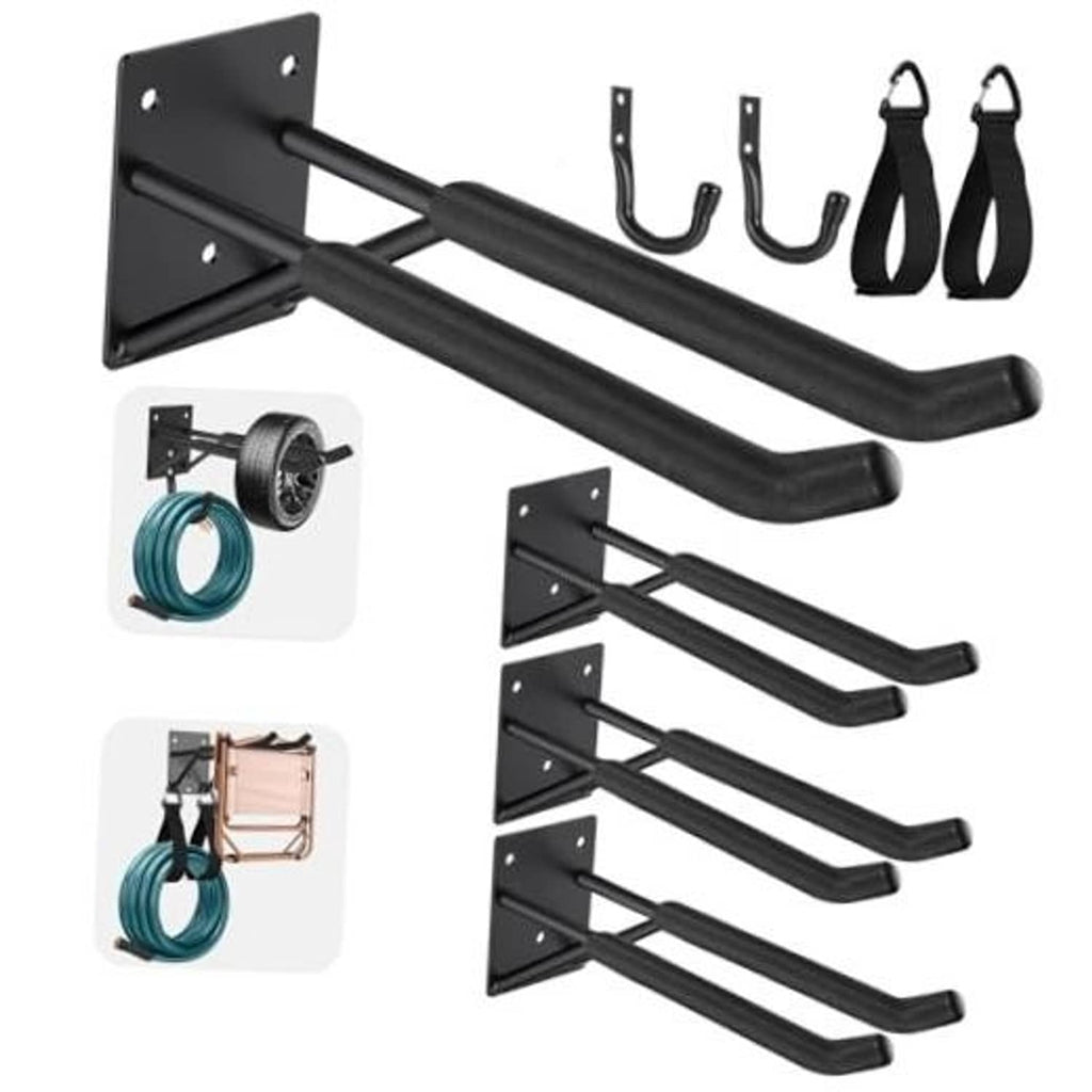 Black heavy-duty garage ladder hooks with rubber-coated U grips and mounting plates