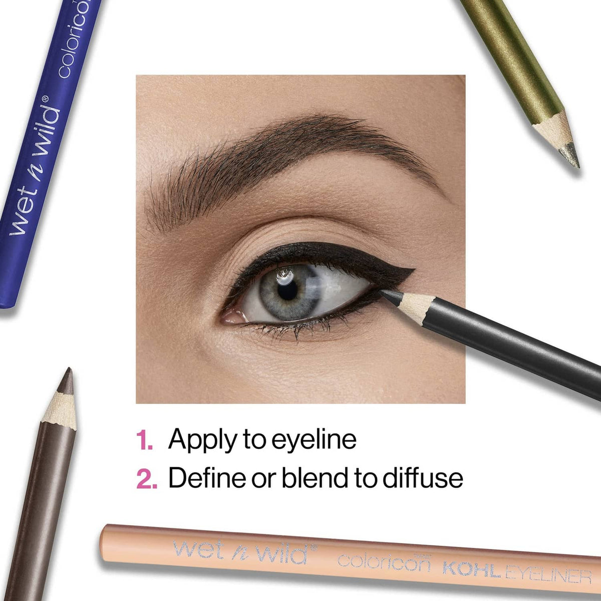 Kohl eyeliner pencil applying dark liner along the upper lash line
