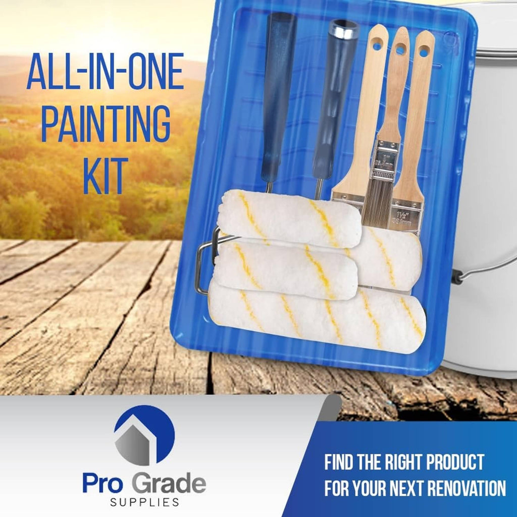 Blue storage case paint roller kit with roller covers and multiple paint brushes.