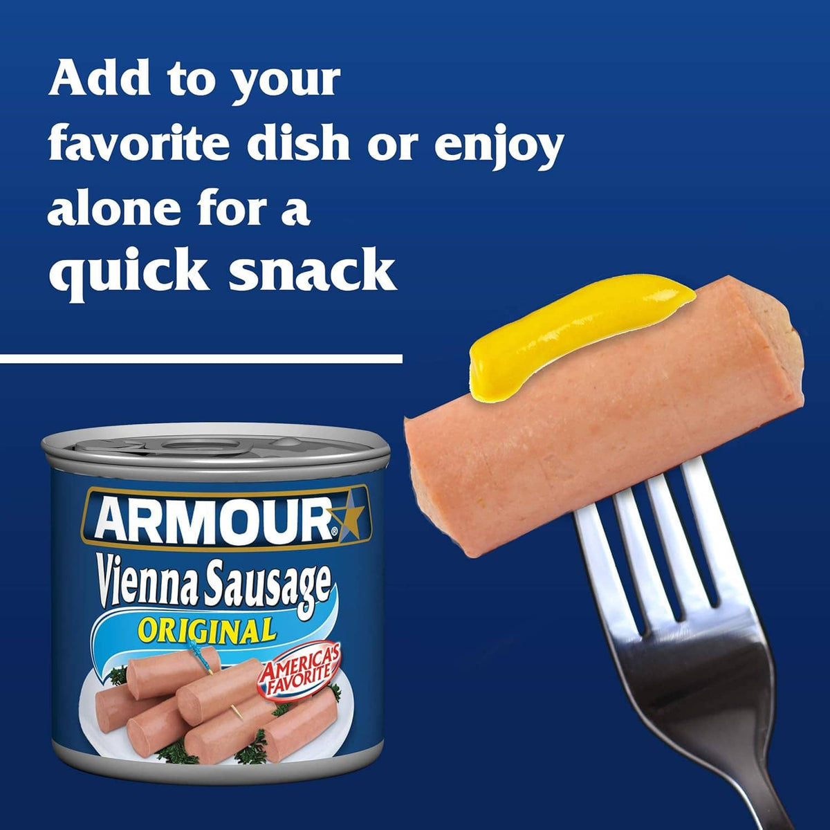 Vienna sausage Original with sliced sausage, mustard, fork, and can