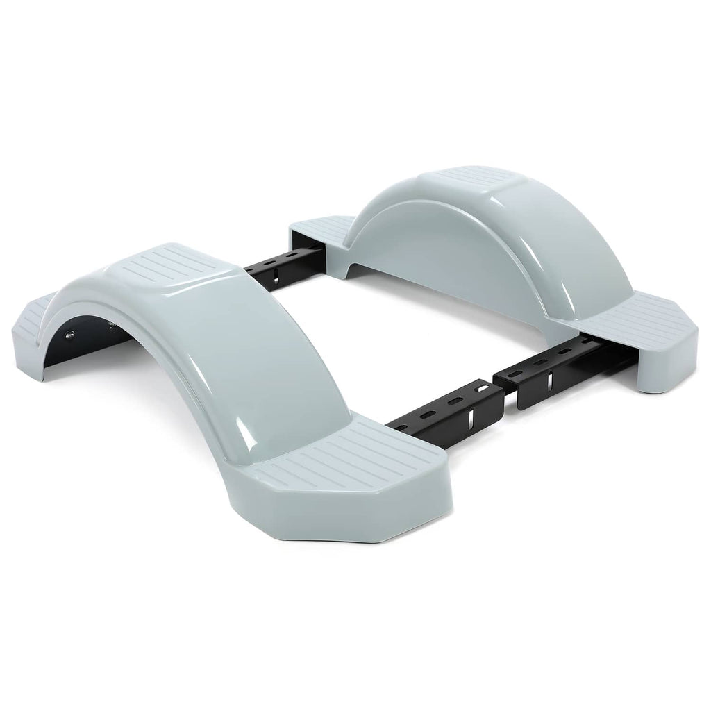 Side view of light gray trailer fender pair with black steel mounting rails
