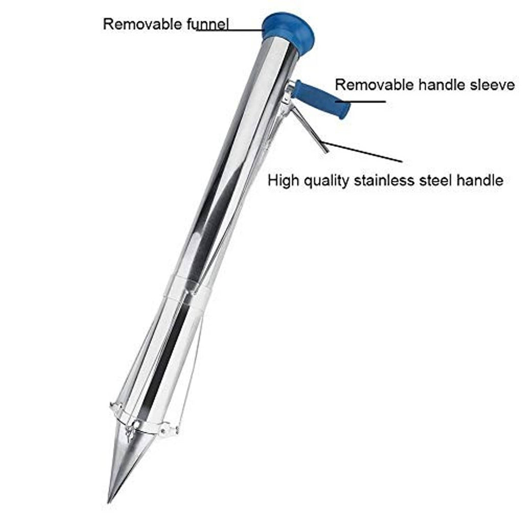 Long handled bulb planter with removable blue funnel and stainless-steel handle sleeve