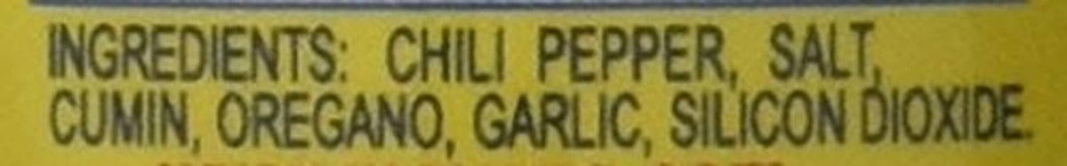 Ingredients list: chili pepper, salt, cumin, oregano, garlic, silicon dioxide