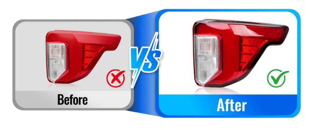 LED tail light before-and-after comparison graphic with red and clear lamp