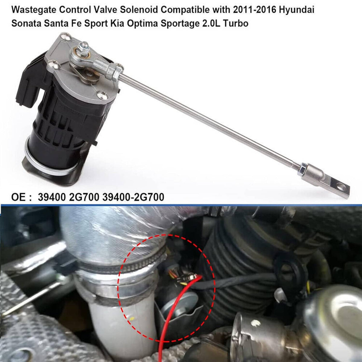 Wastegate control valve solenoid with wiring connector installed on engine exhaust area