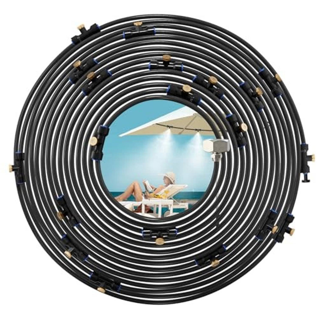 Coiled black misting hose loop with brass nozzle fittings and connection ends, 26 ft