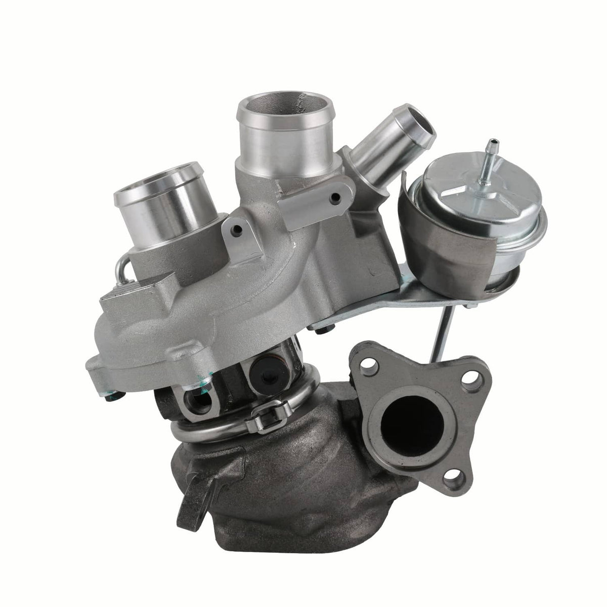 Right-hand turbocharger assembly with silver fittings and black cast exhaust housing
