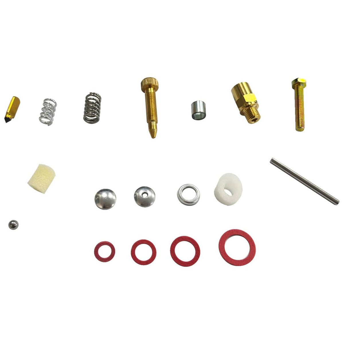 Carburetor rebuild kit components: brass pieces, springs, red O-rings, washers, small rods