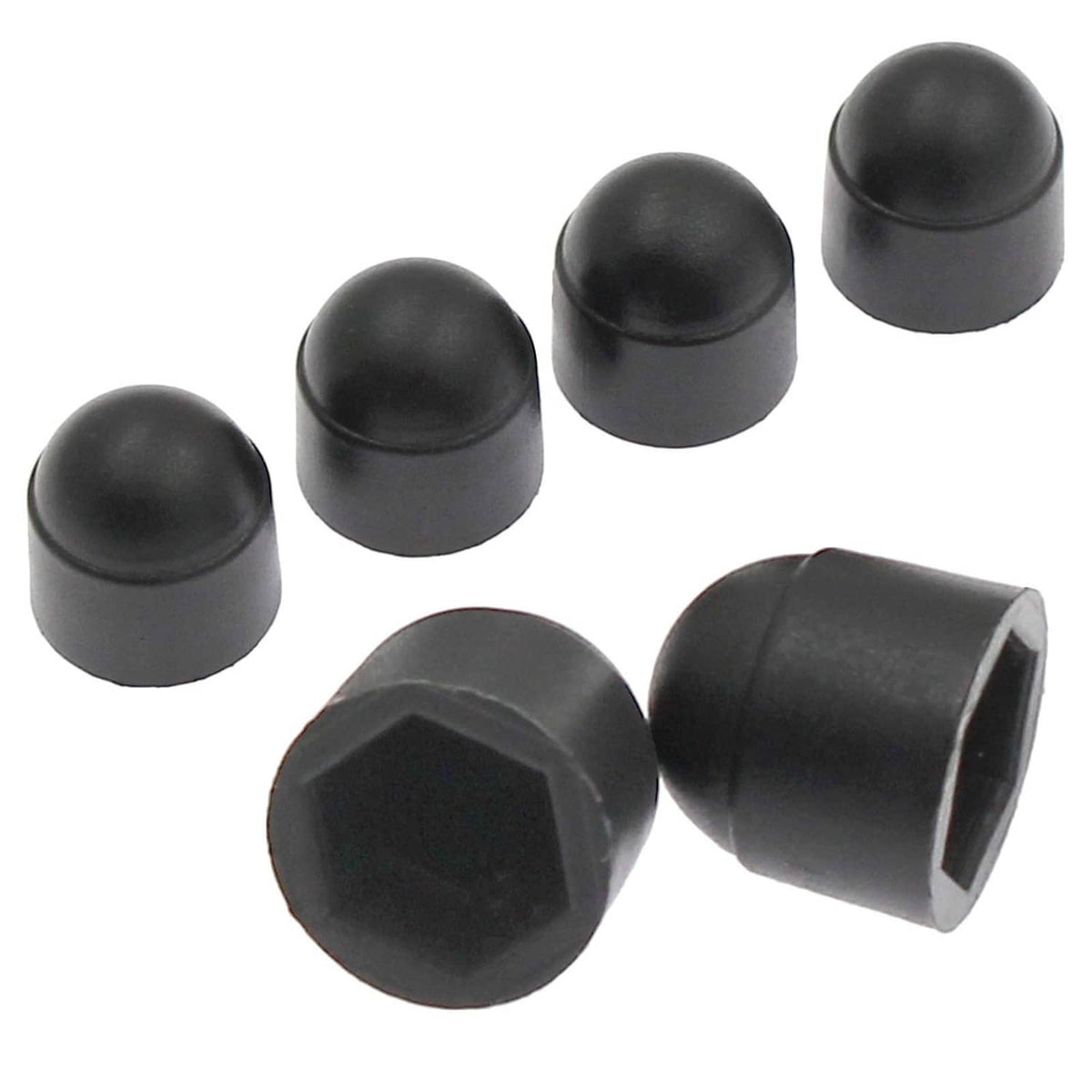 Black domed hex bolt head covers, stacked set with internal hex socket openings