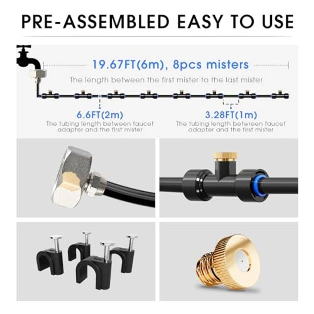 Pre-assembled misting line with multiple nozzles and brass end connection fittings