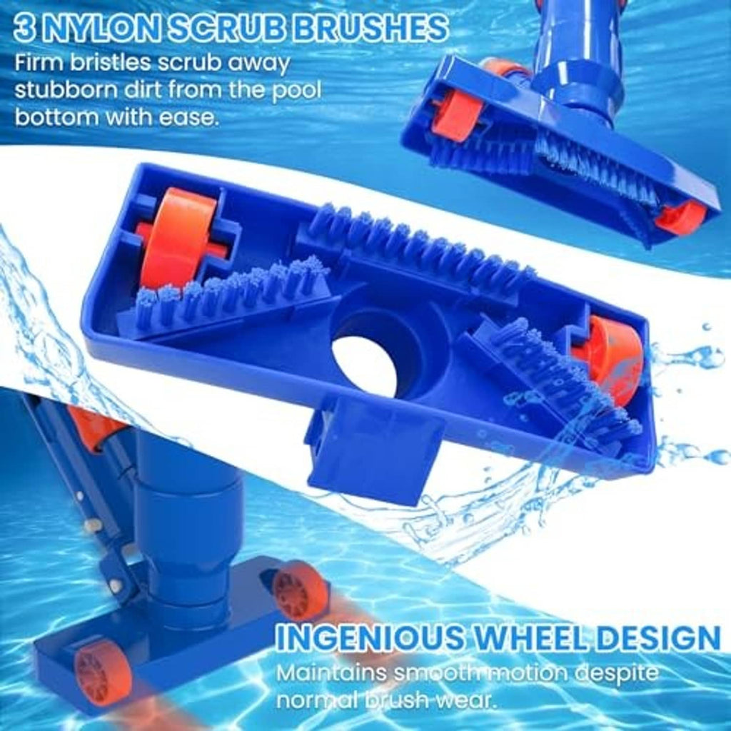Blue pool brush head with three nylon scrub brushes and orange bristle guards