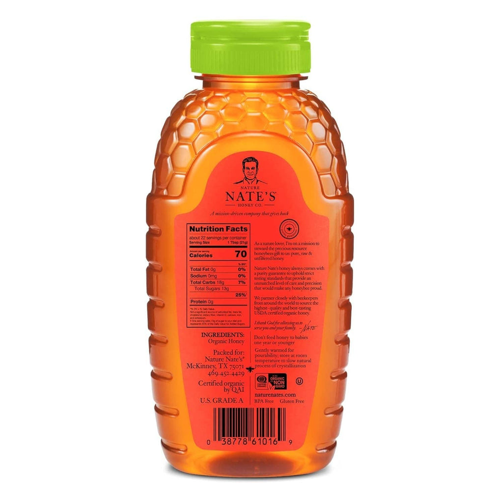 Nate's organic raw & unfiltered honey bottle back label with nutrition facts