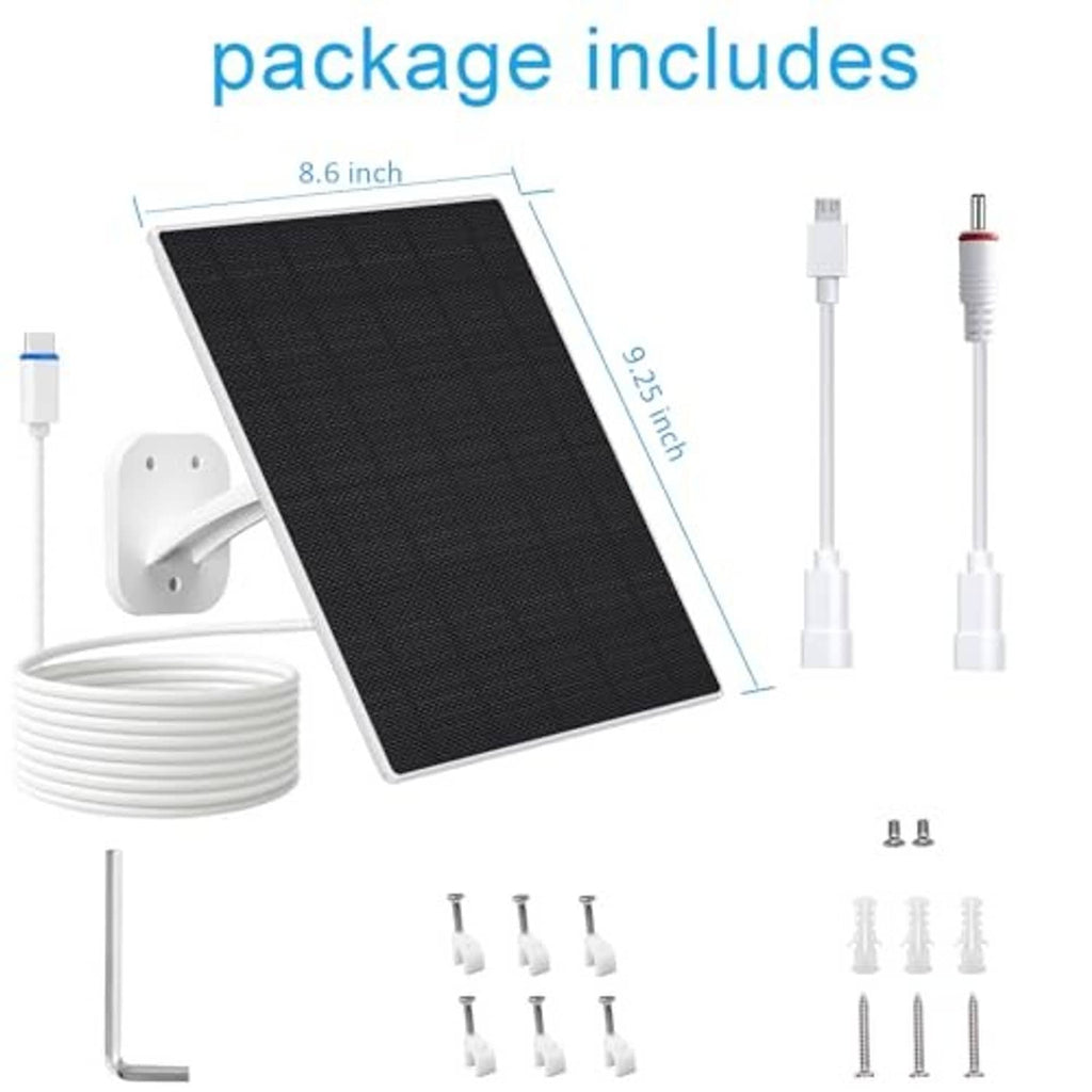 Solar panel package with coiled cable, power leads, and mounting hardware set