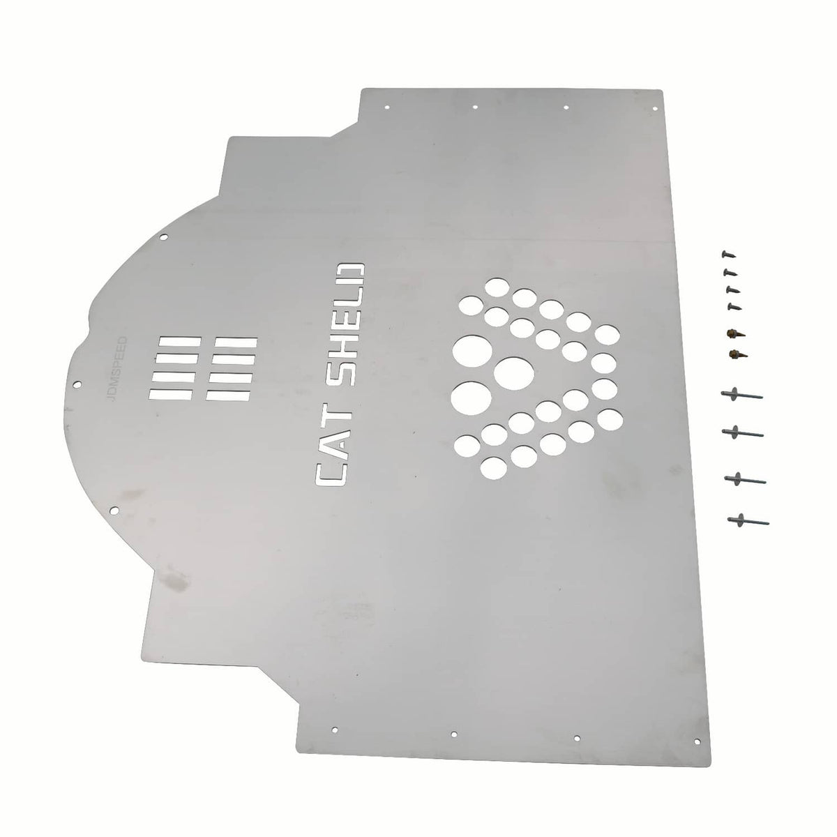 Cat shield metal plate with CAT SHELLI lettering, perforated emblem, and side fasteners