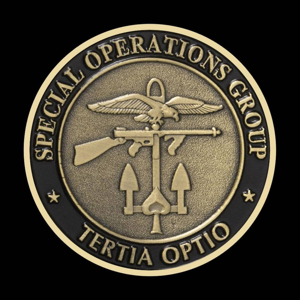 Dark military challenge award coin with rifle, spade symbols, and winged eagle
