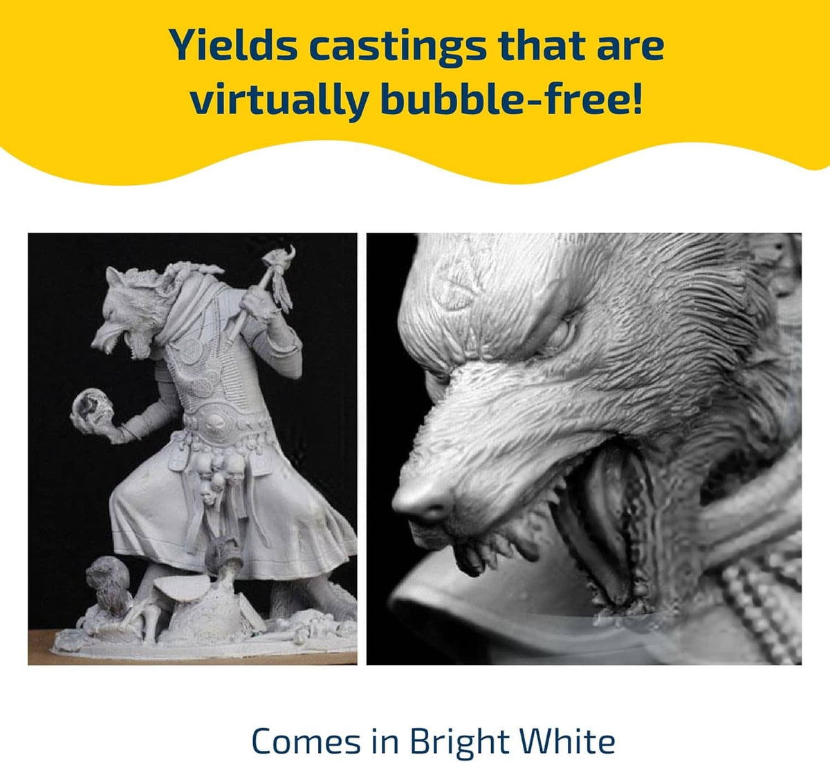 Bright white liquid plastic resin cast samples on pedestal, bubble-free claim