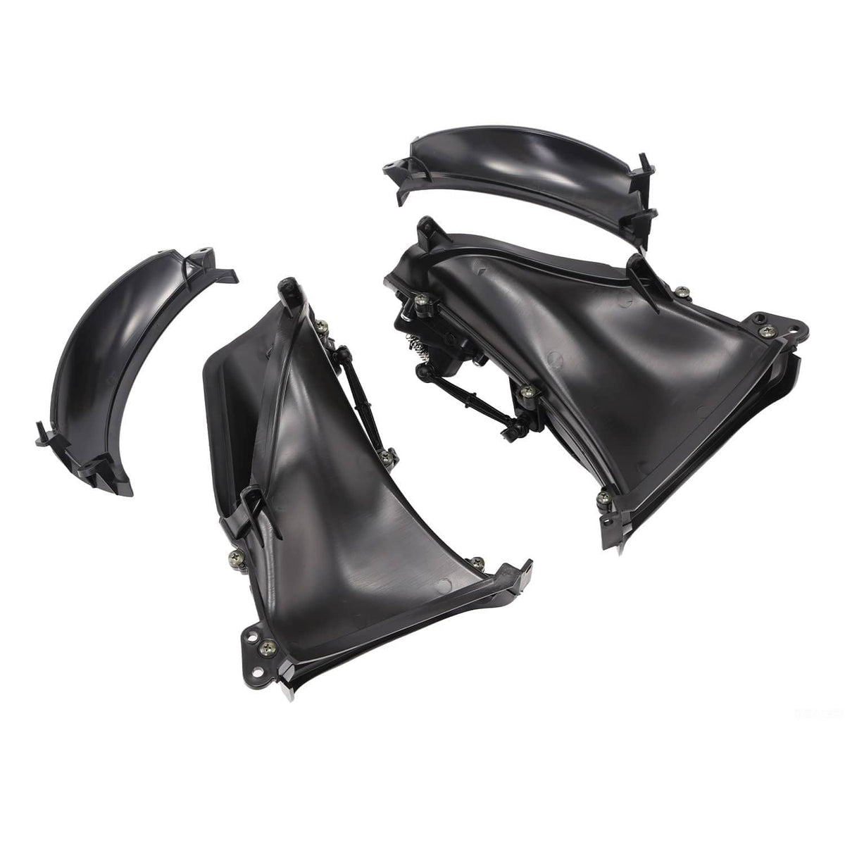 Set of black motorcycle fairing air ducts with curved vent panels and bracket mounts