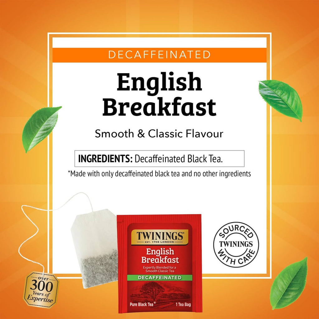 Twinings English Breakfast decaffeinated tea ingredients panel with teabags