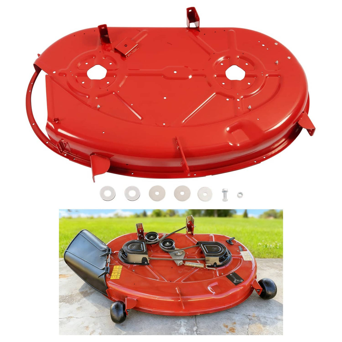 Red mower deck housing with included washers and screws