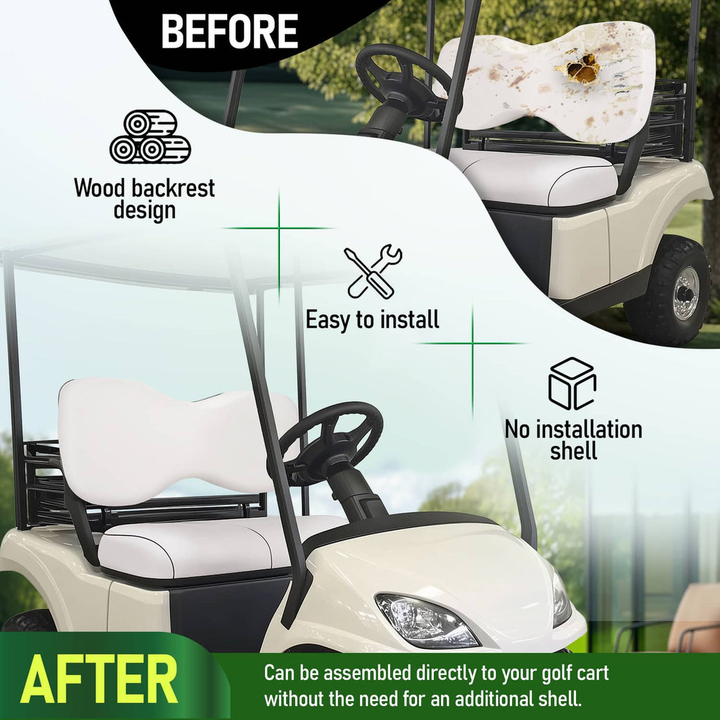 White seat backrest cushion on golf cart with visible headrest shape