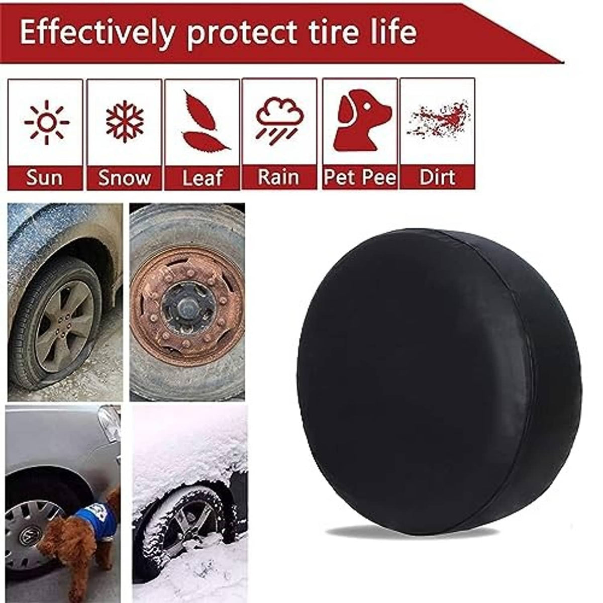 Black tire cover with weather protection icons for sun, snow, rain, and dirt