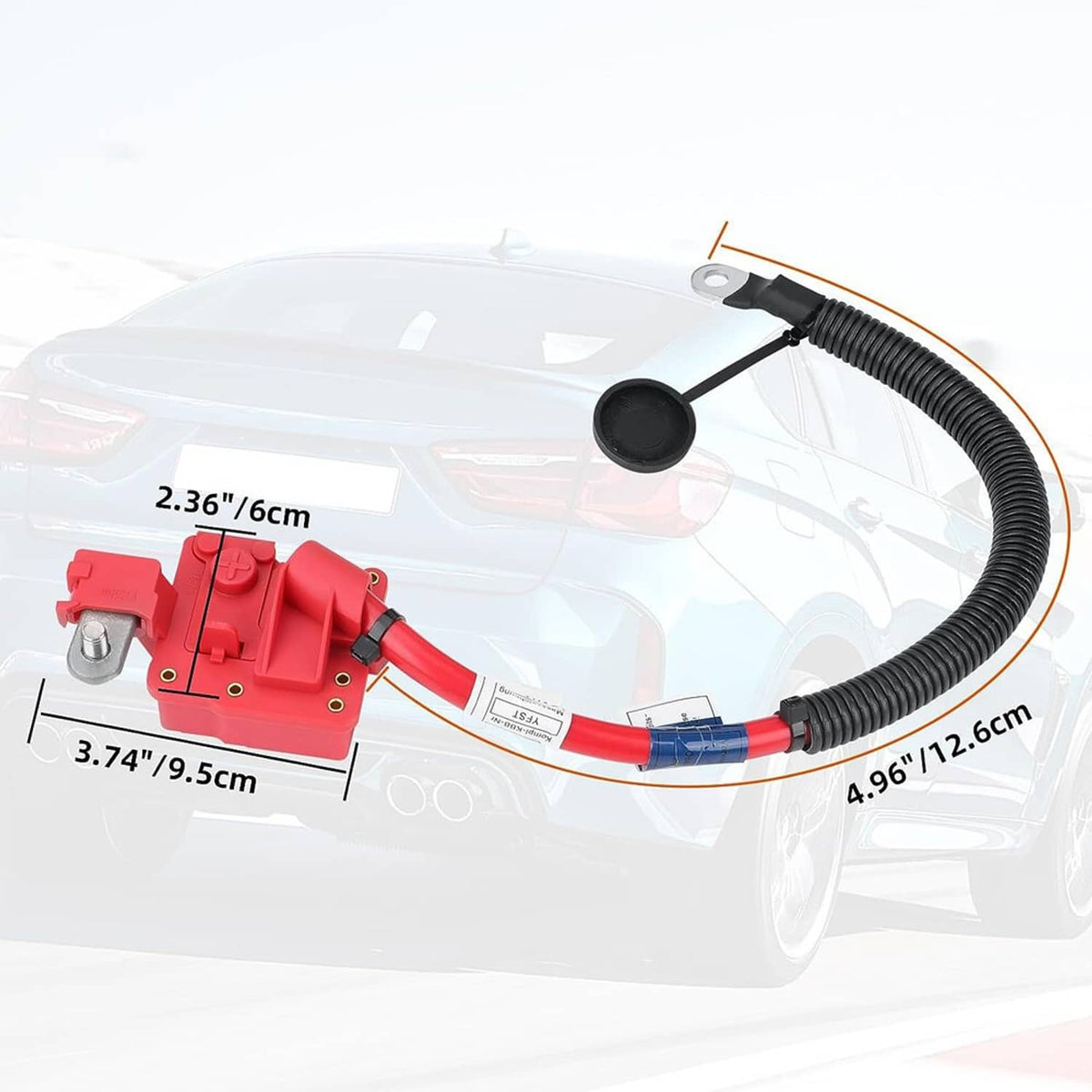 Red positive battery cable assembly with black sensor cap and connector ends
