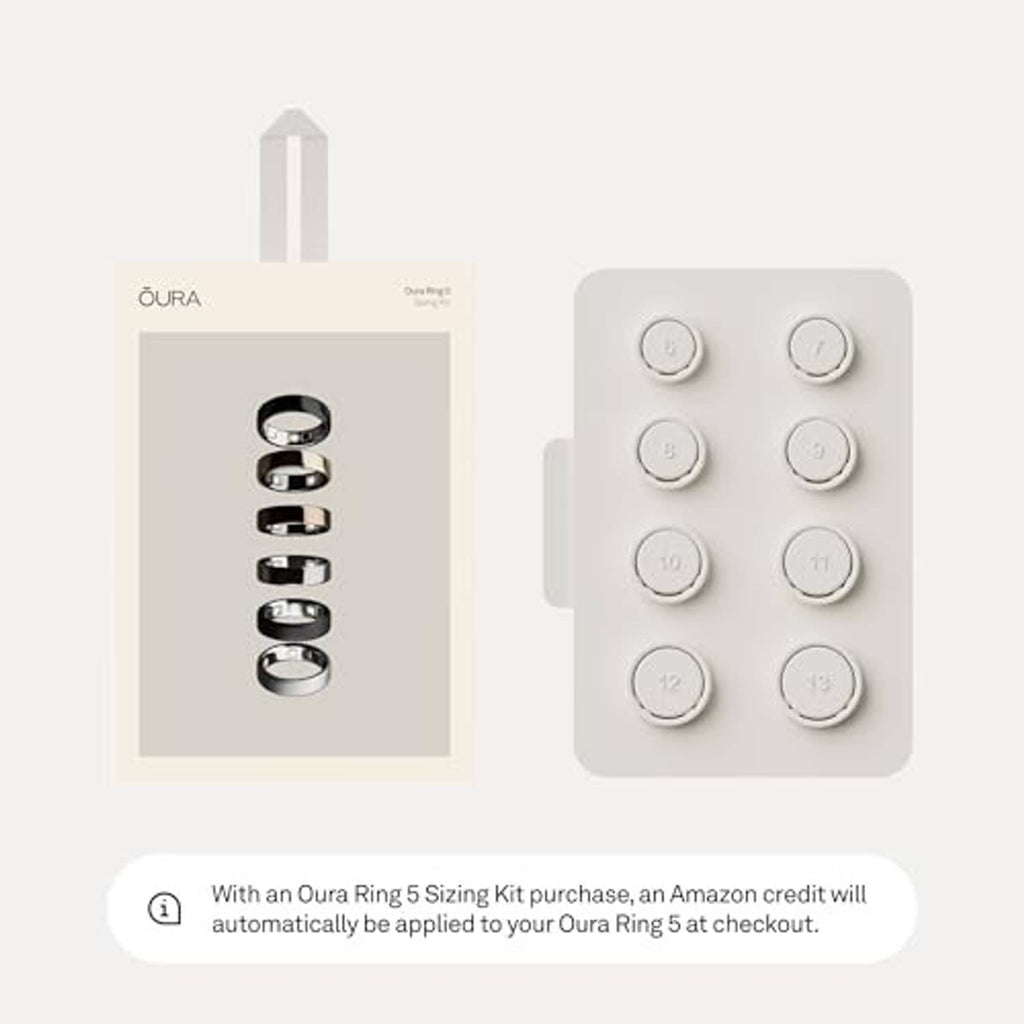 Ring size guide kit with numbered sizer rings and a product info card
