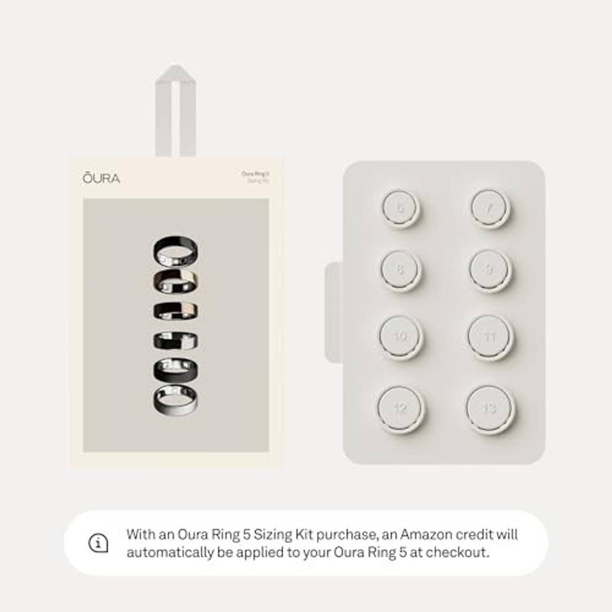 Ring size guide kit with numbered sizer rings and a product info card