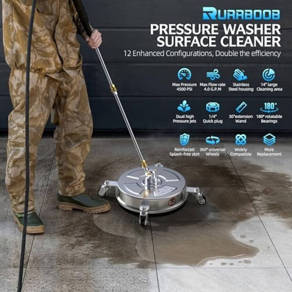 Stainless steel 14 in pressure washer surface cleaner on concrete with central spray wand and wheels