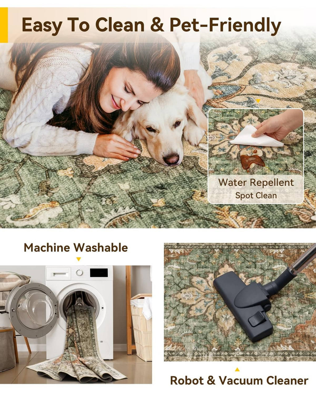 Machine-washable pet-friendly area rug in green and brown floral pattern with spot-clean look.