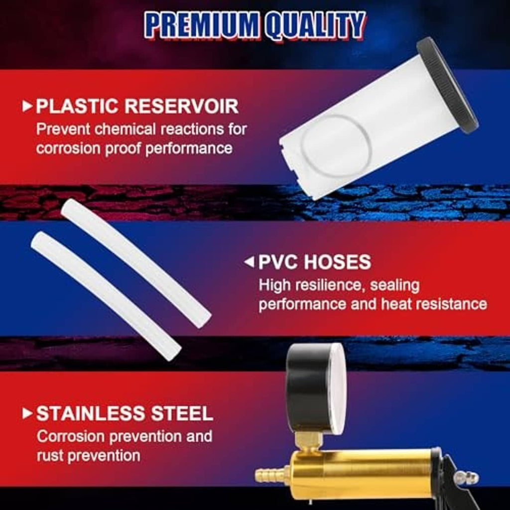 Vacuum brake bleeder kit parts: white reservoir, PVC hoses, and gold pump body