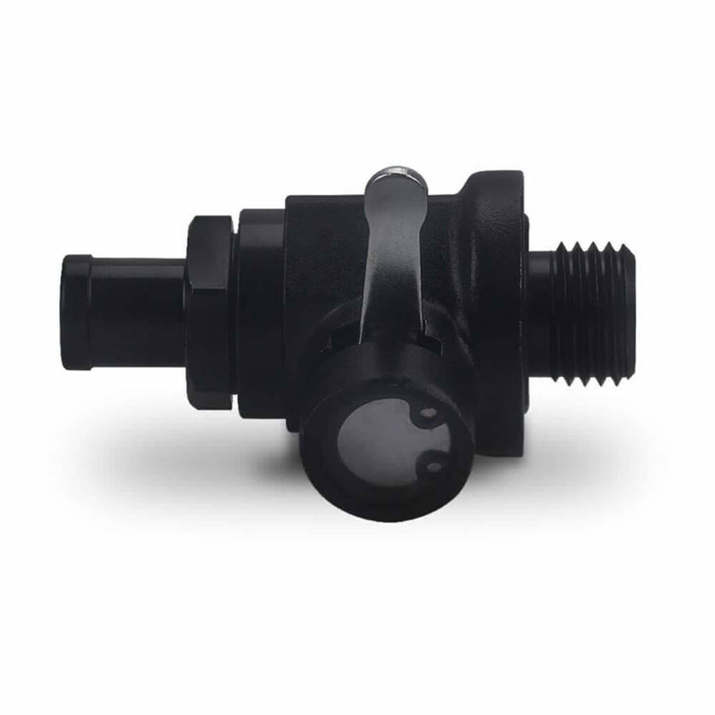 Black engine oil drain valve plug with threaded outlet and mounting ear
