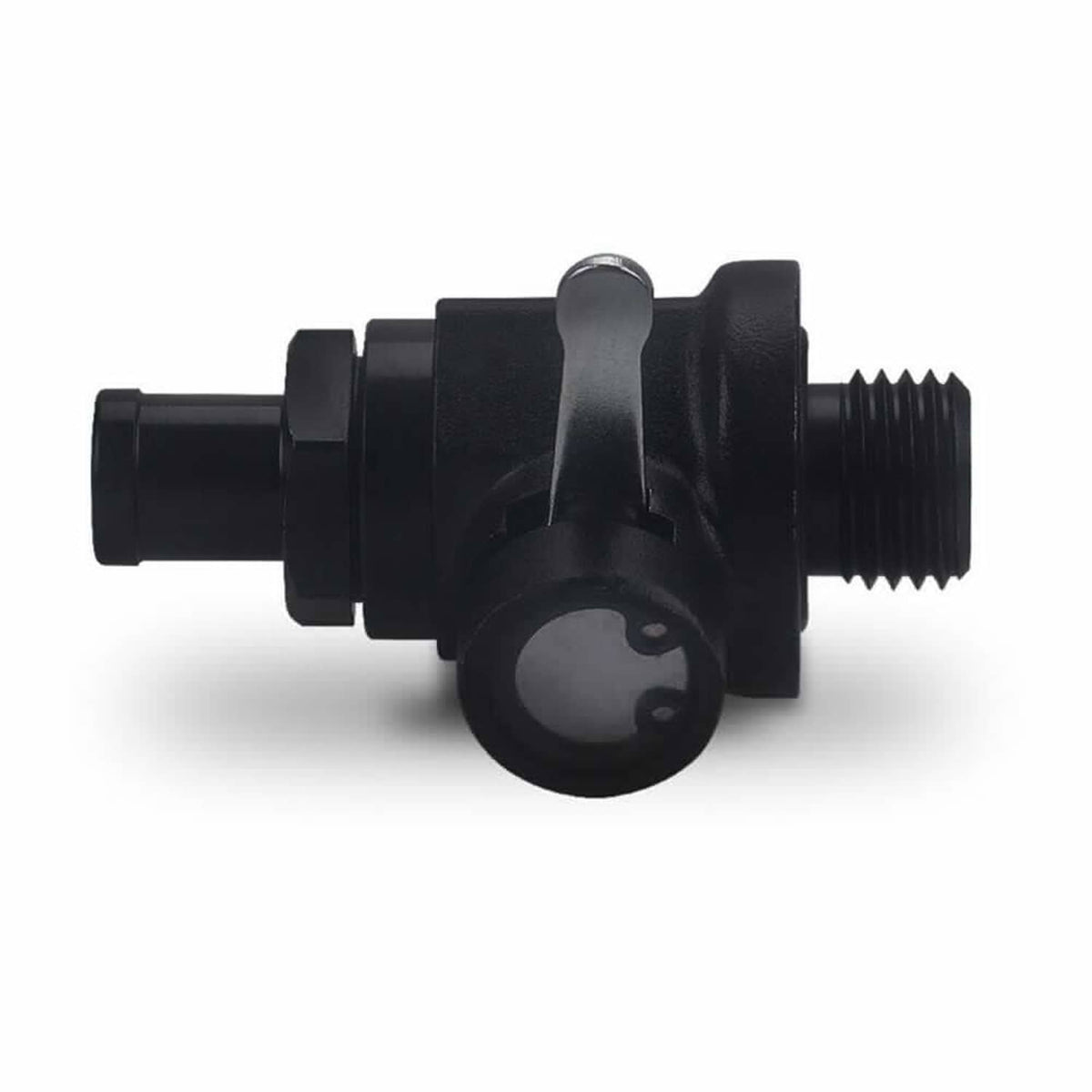Black engine oil drain valve plug with threaded outlet and mounting ear