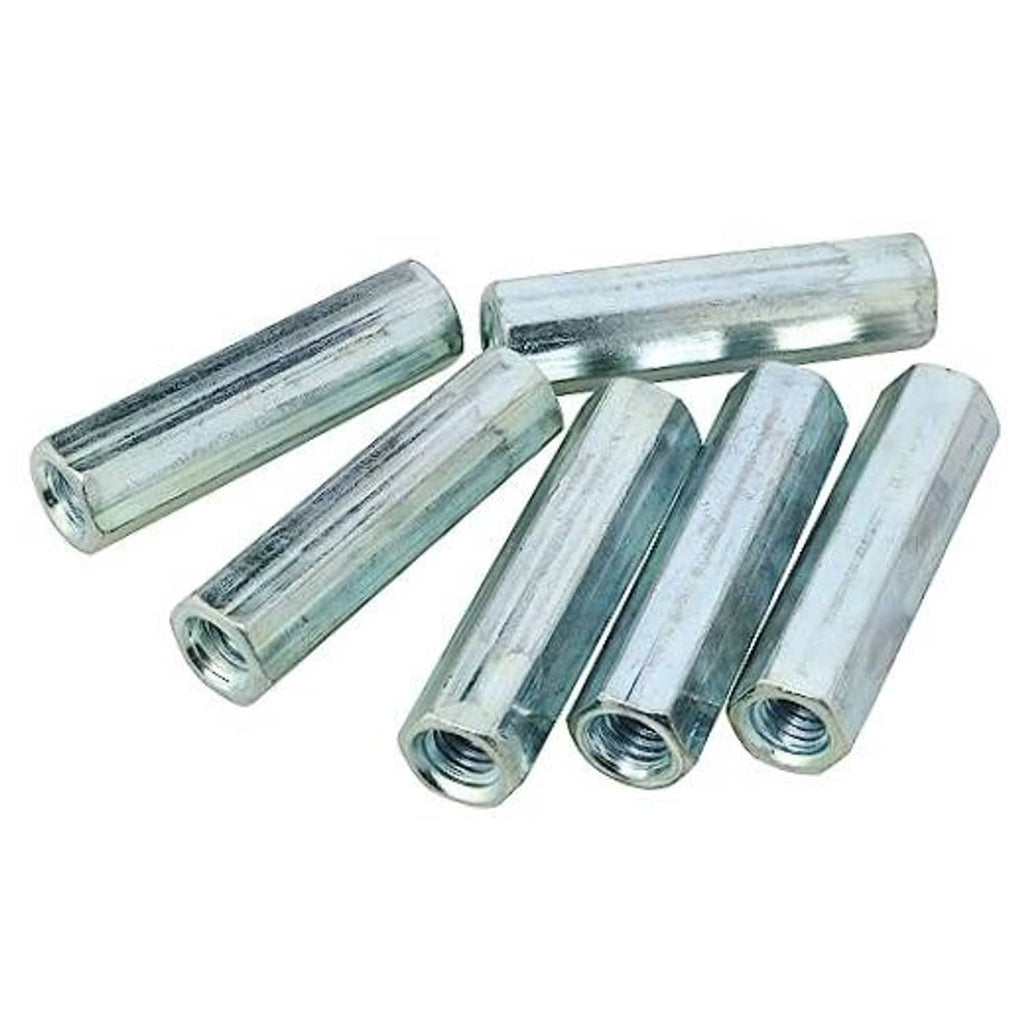 Set of zinc hex coupling nuts with M6 female thread, long rod style, metallic finish
