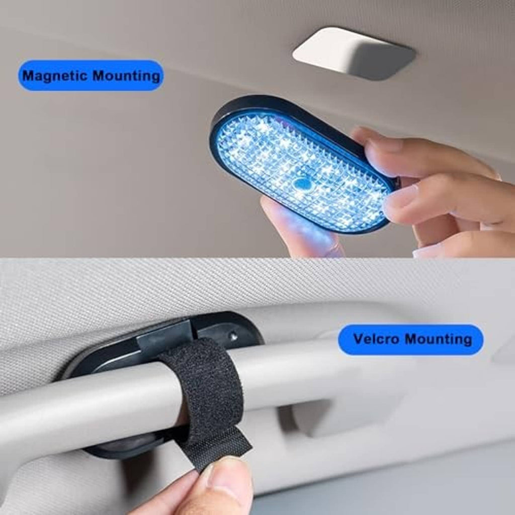 Hand placing oval LED dome light with magnetic and velcro mount