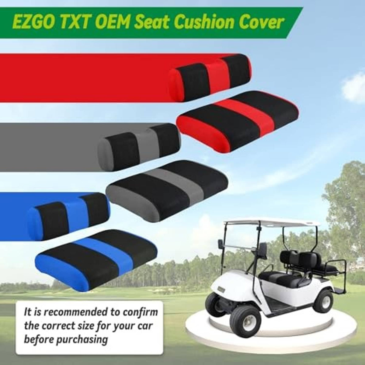 Golf cart seat cushion cover options graphic, gray and black center stripe style shown