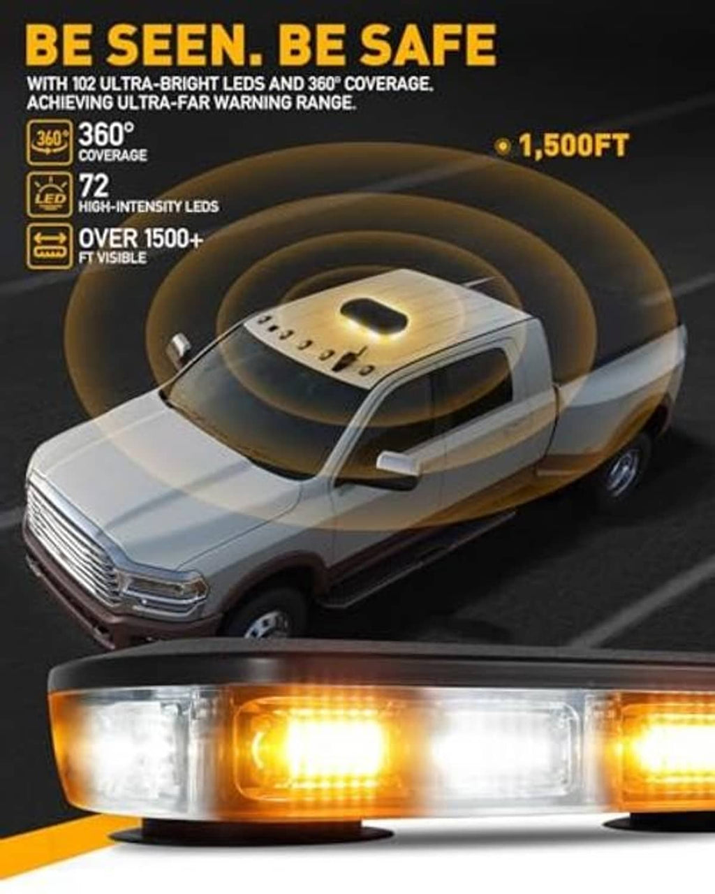 Rooftop strobe light bar close-up with amber center and white LED sections