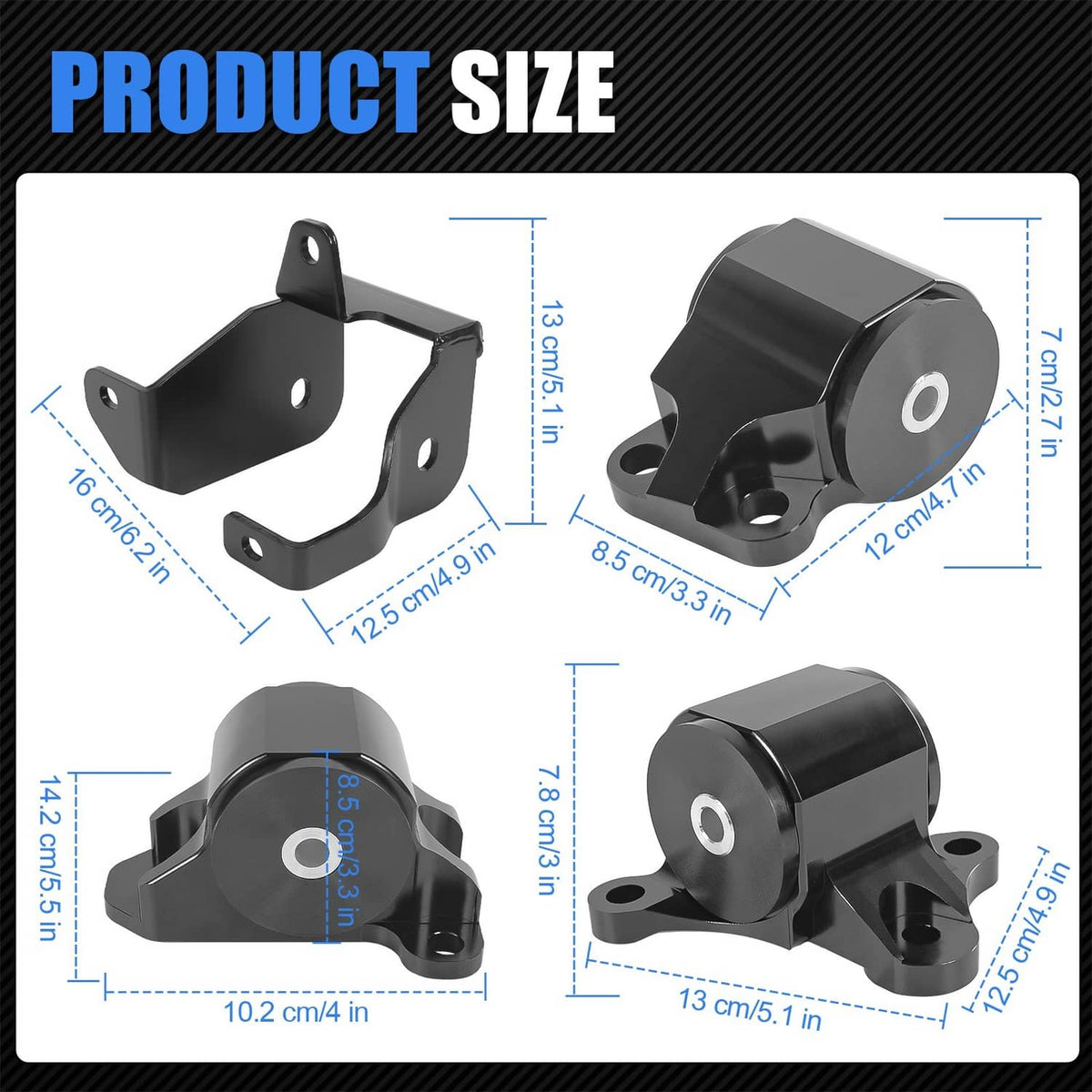 Engine motor mount bracket kit size diagram with black brackets and bushing measurements