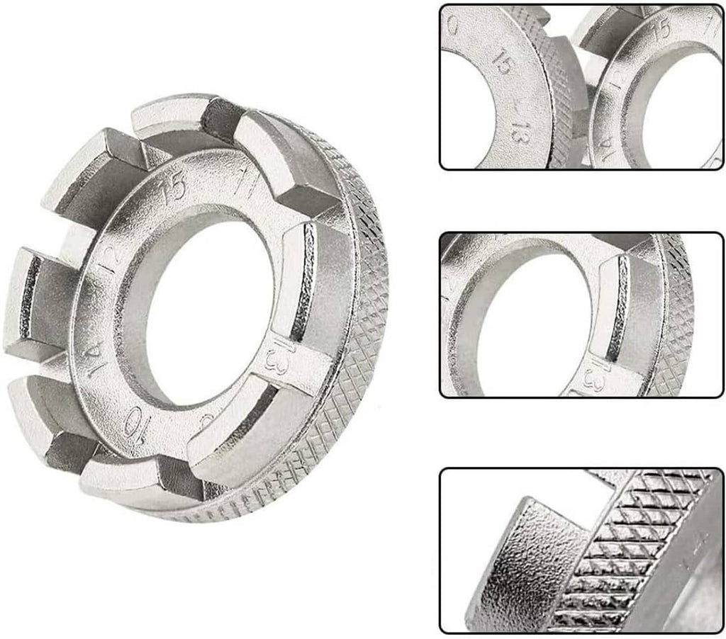 Round bicycle spoke nipple wrench with engraved size markings and knurled grip edge