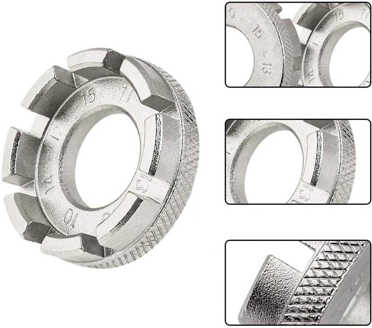 Round bicycle spoke nipple wrench with engraved size markings and knurled grip edge