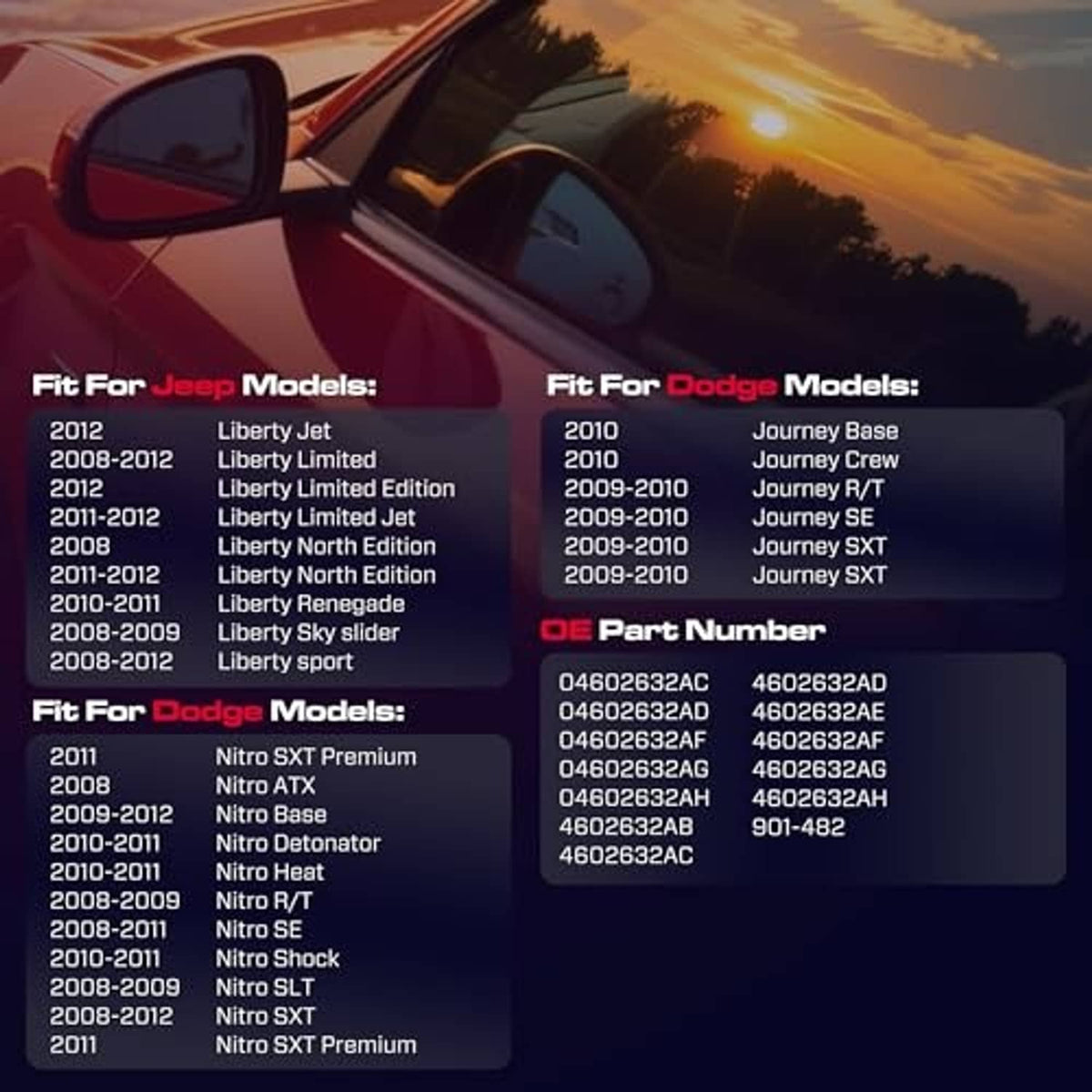 Compatibility list graphic for power window switch with fitment and part numbers