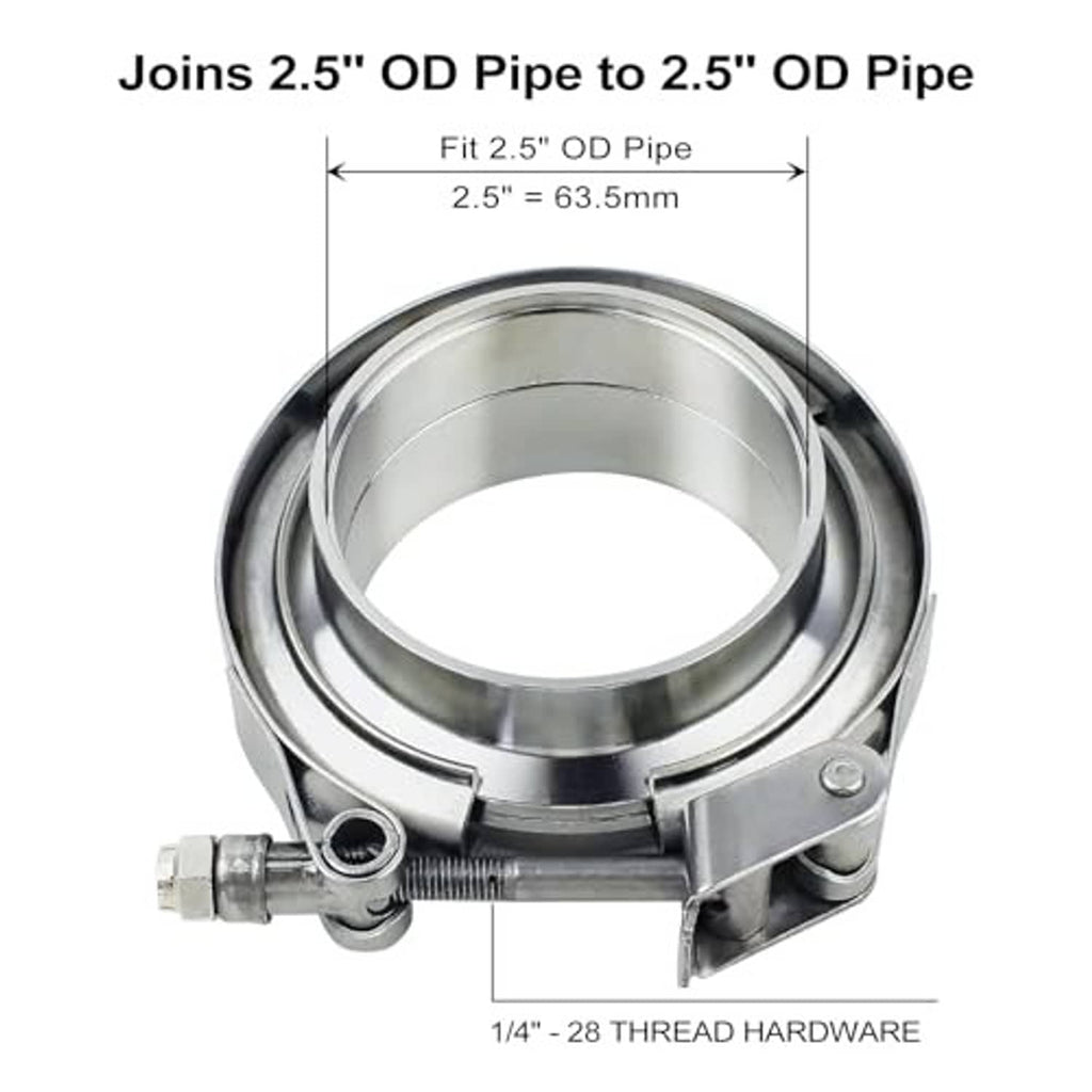 Stainless steel V-band clamp joining 2.5 in OD pipe to 2.5 in OD pipe