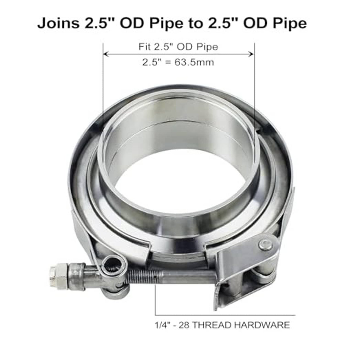 Stainless steel V-band clamp joining 2.5 in OD pipe to 2.5 in OD pipe