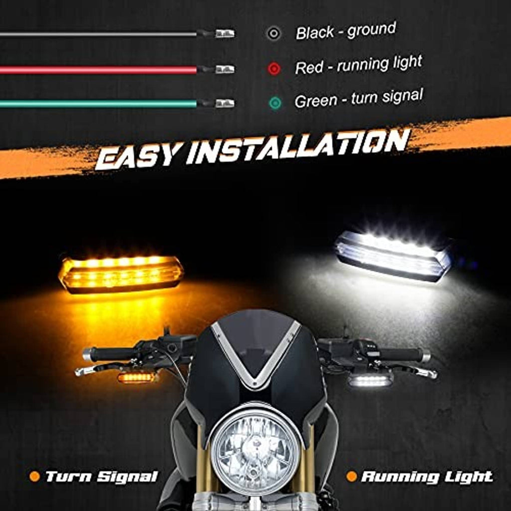 Front LED turn signals and running lights showing amber and white illumination