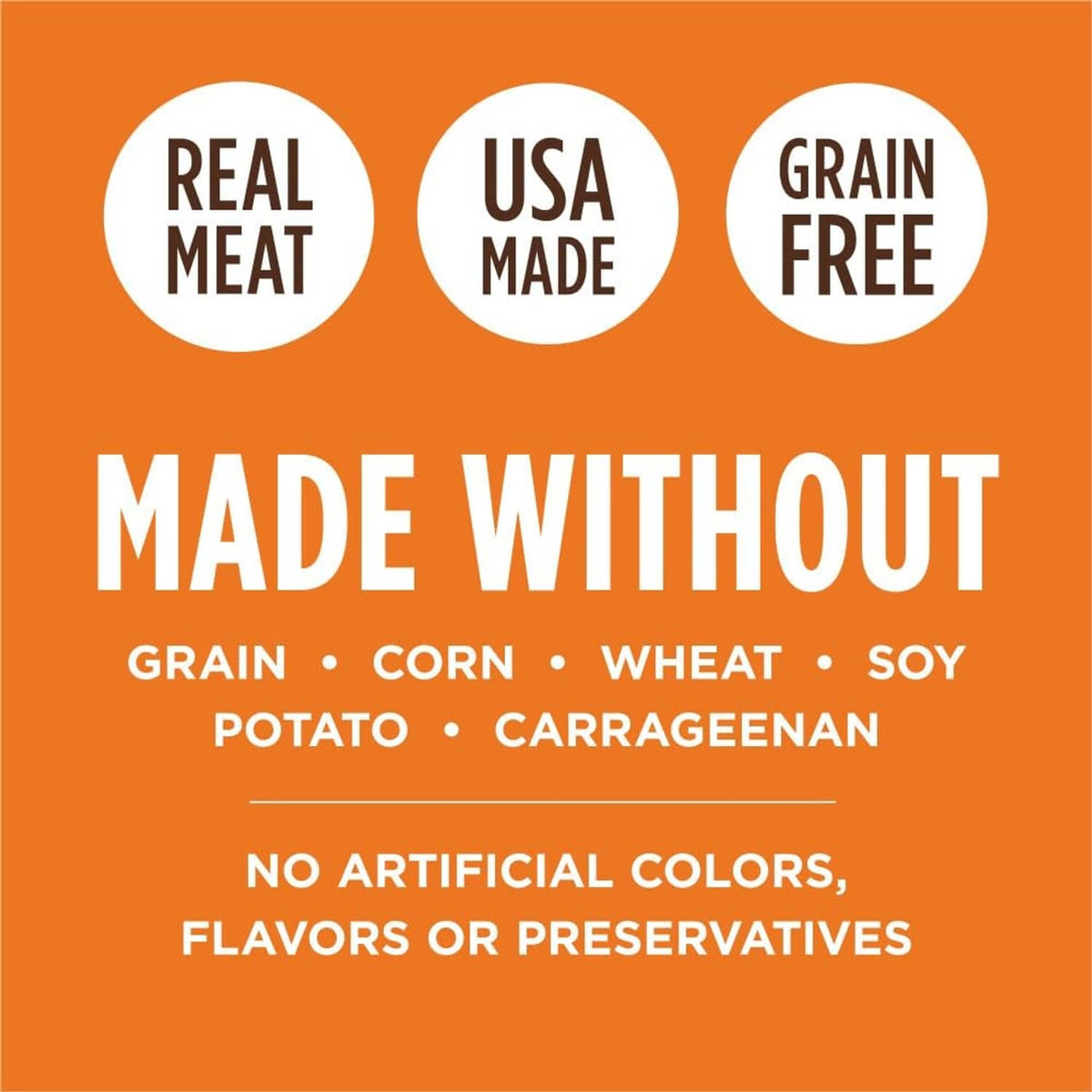 Grain-free salmon cat food topper label stating no grain and no artificial colors