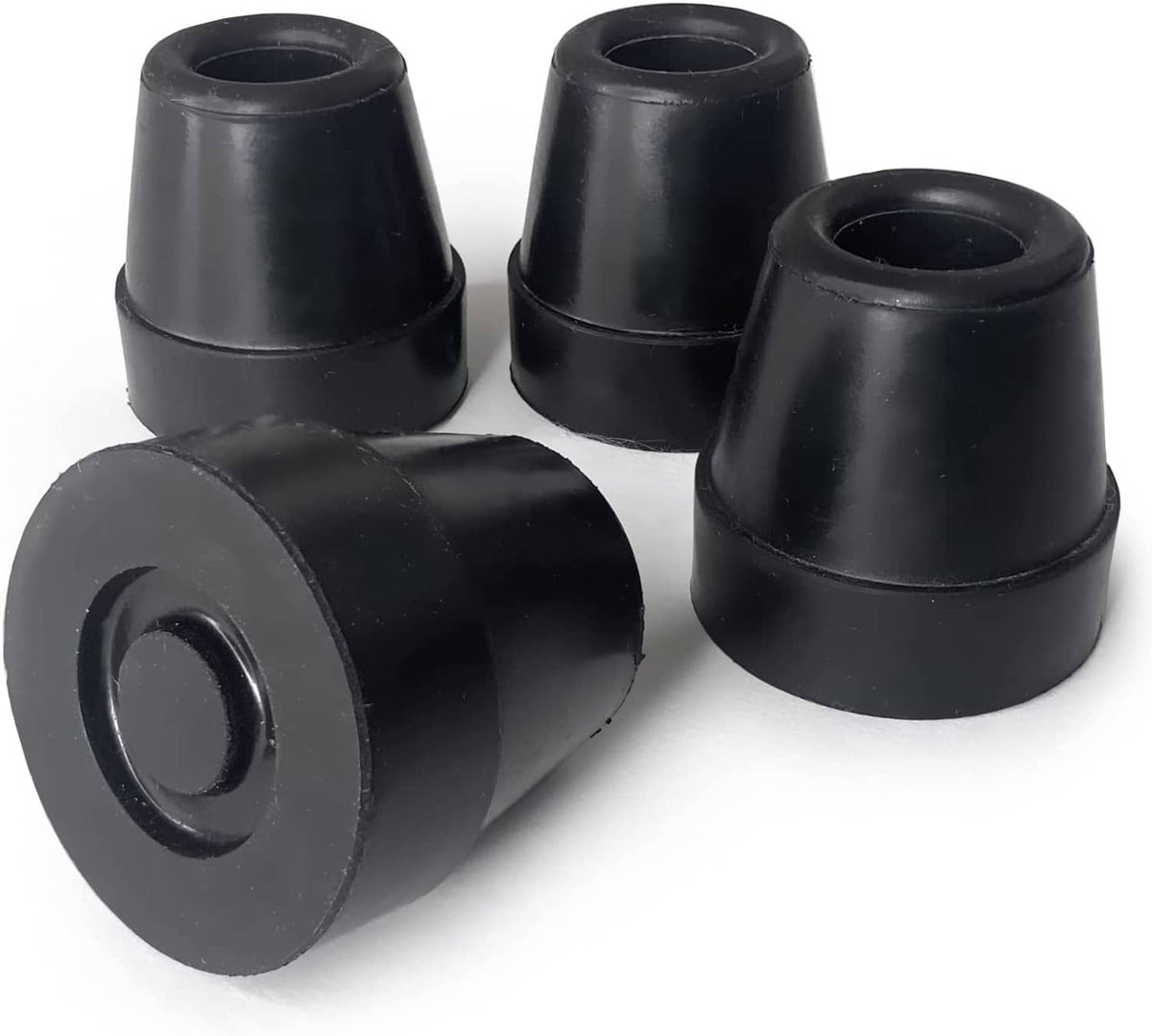 Four black rubber quad cane replacement tips set, one side tip and three upright tips