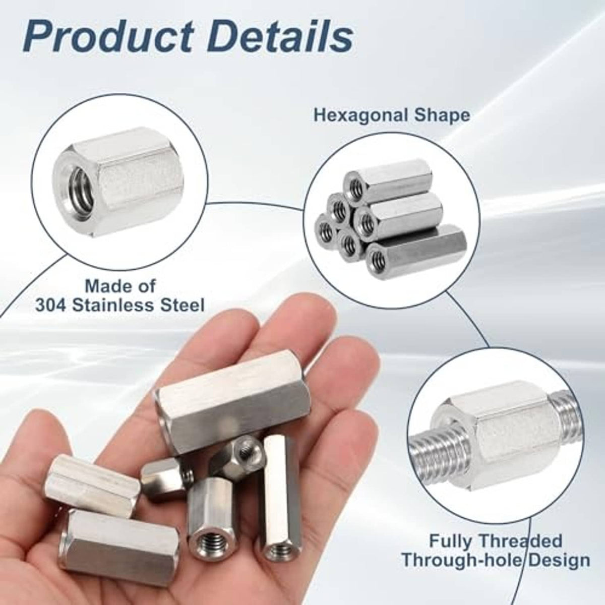Stainless steel hex coupling nuts, fully threaded through-hole design