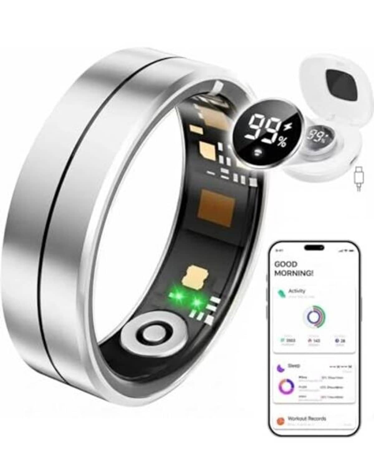 Silver smart ring health tracker with charging case and smartphone app screen