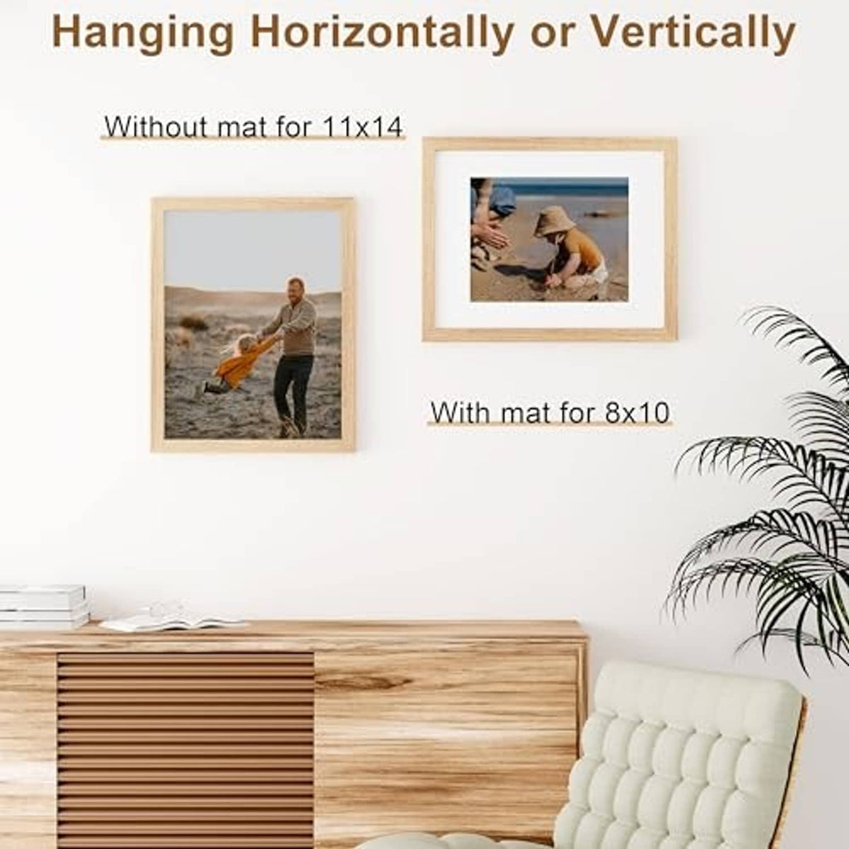 Natural solid wood picture frames with clear plexiglass, wall display of 8x10 and 11x14